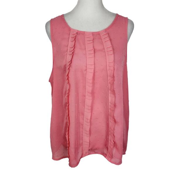 Elle Pink Swiss Dot Sleeveless Blouse Size Large Pink Semi-Sheer Ruffle Top - Picture 1 of 8
